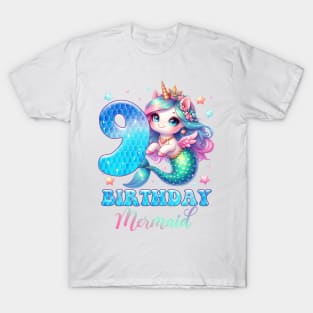 Unicorn Mermaid 9th Birthday 9 Year Old Party Girls B-day Gift For Girls Kids T-Shirt